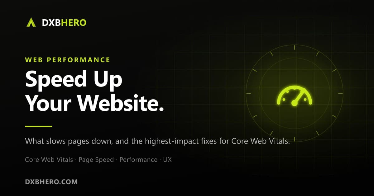 Illustration of a speed gauge representing fast website loading and strong Core Web Vitals.