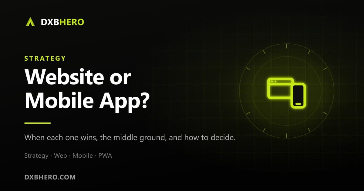 Illustration of a browser window beside a smartphone, representing the choice between a website and a mobile app.